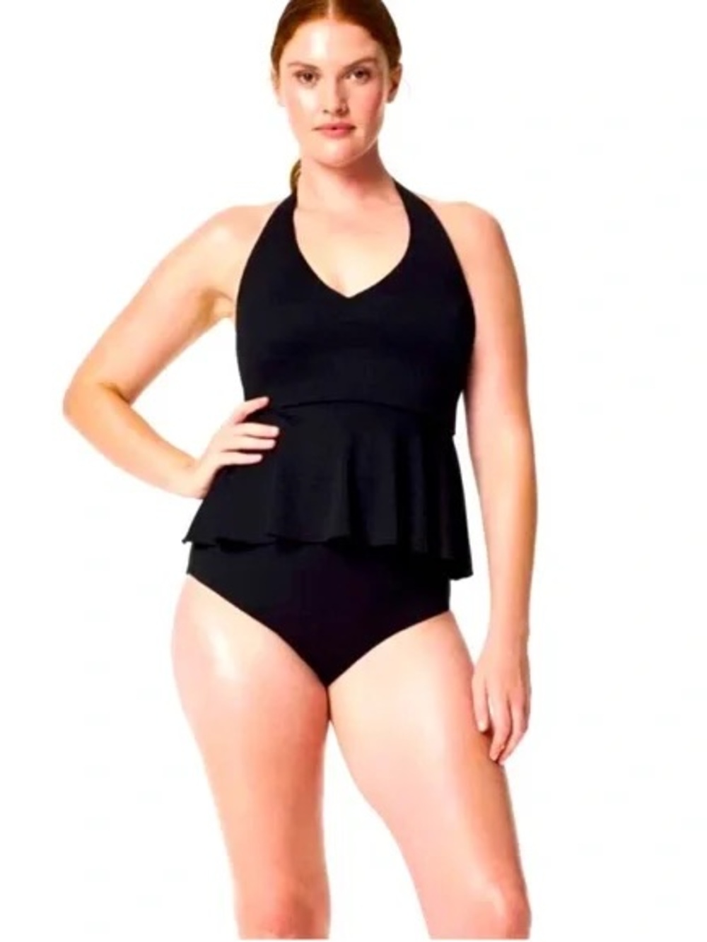 Spanx Swim NWT Pique Full Bust Halter Tankini Top Black Size Medium Bathing